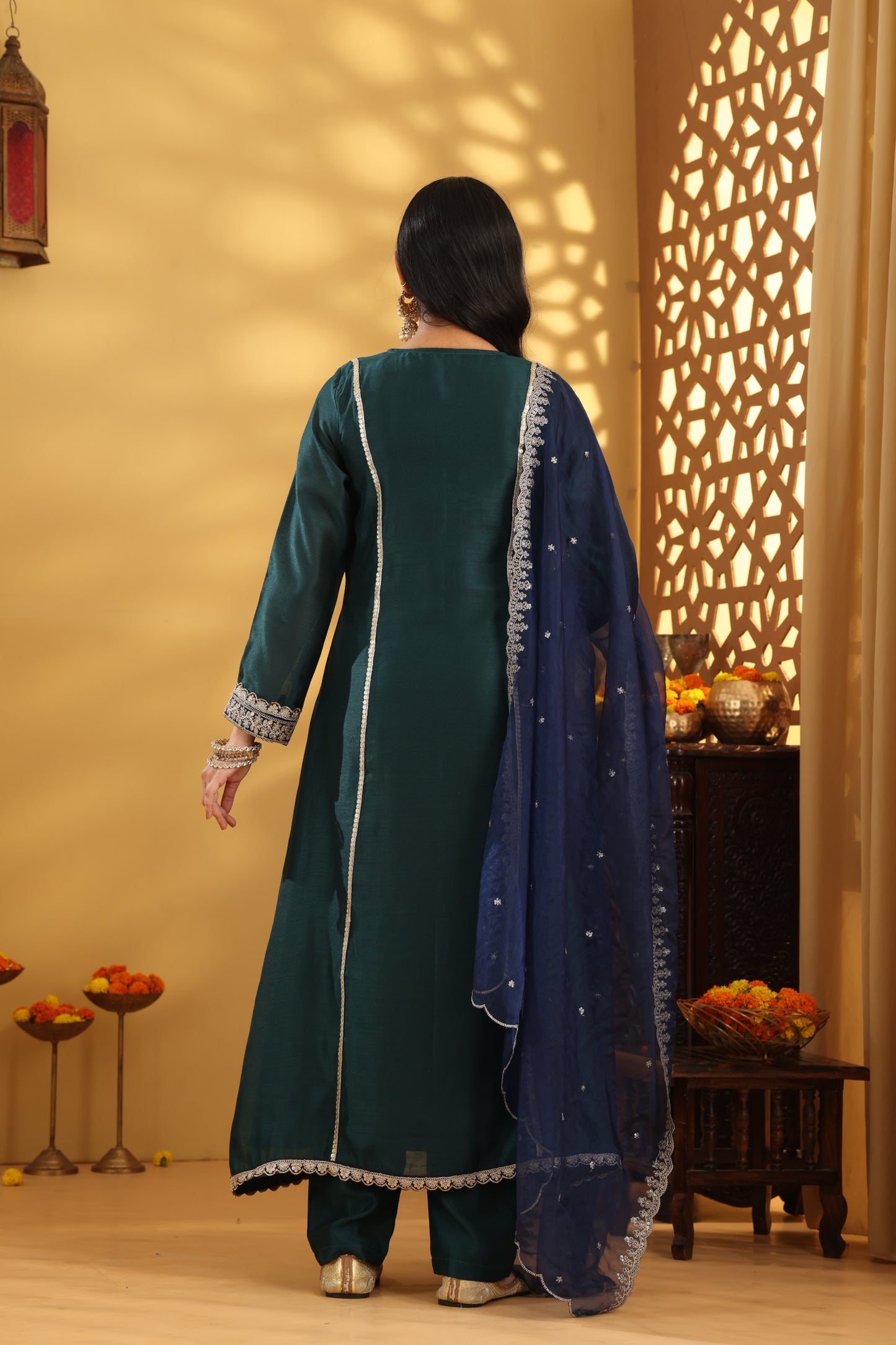Jashn Green Chanderi V Neck Suit Set
