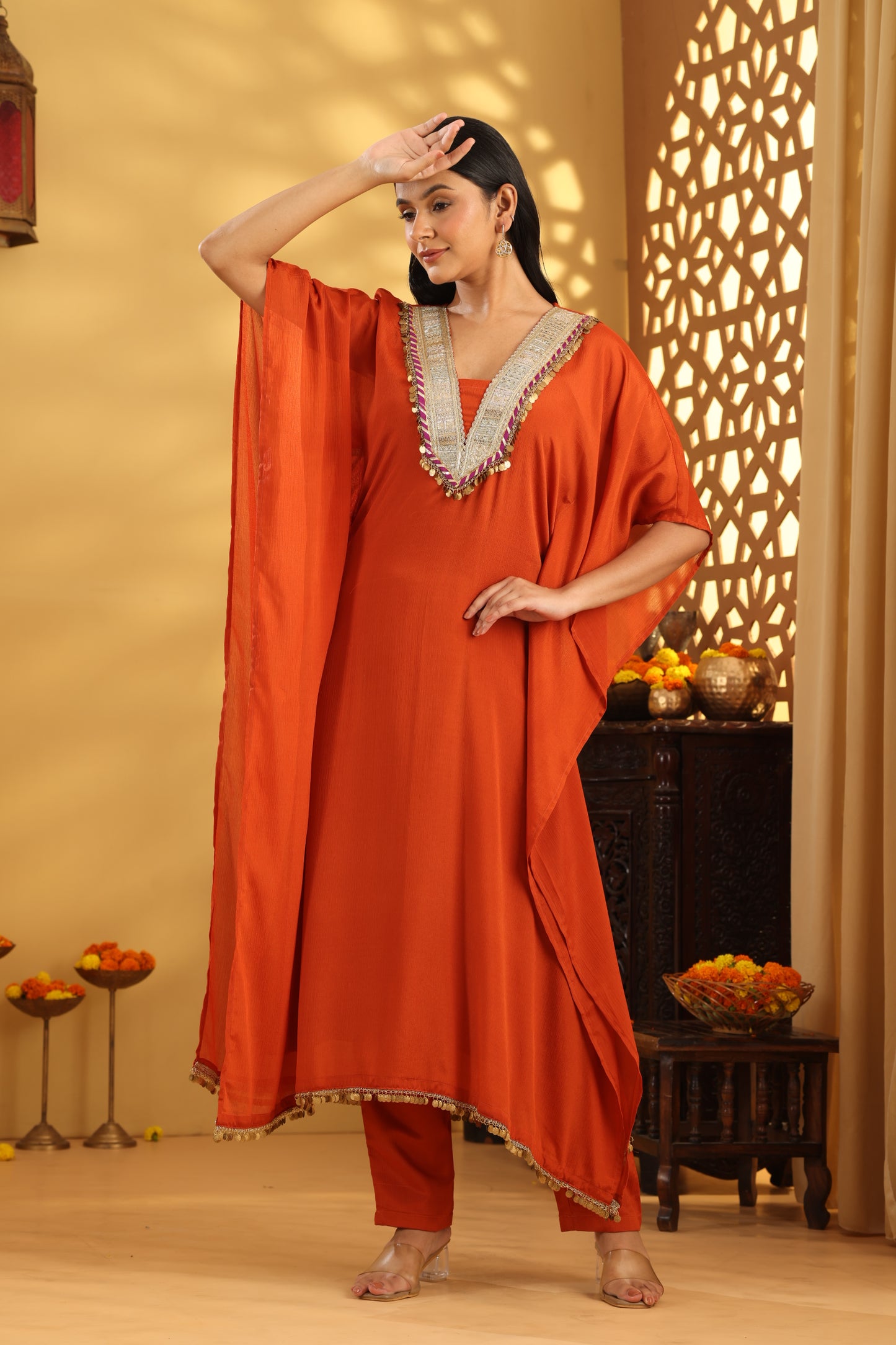Jashn Kesari Rust V Neck Kaftan Set