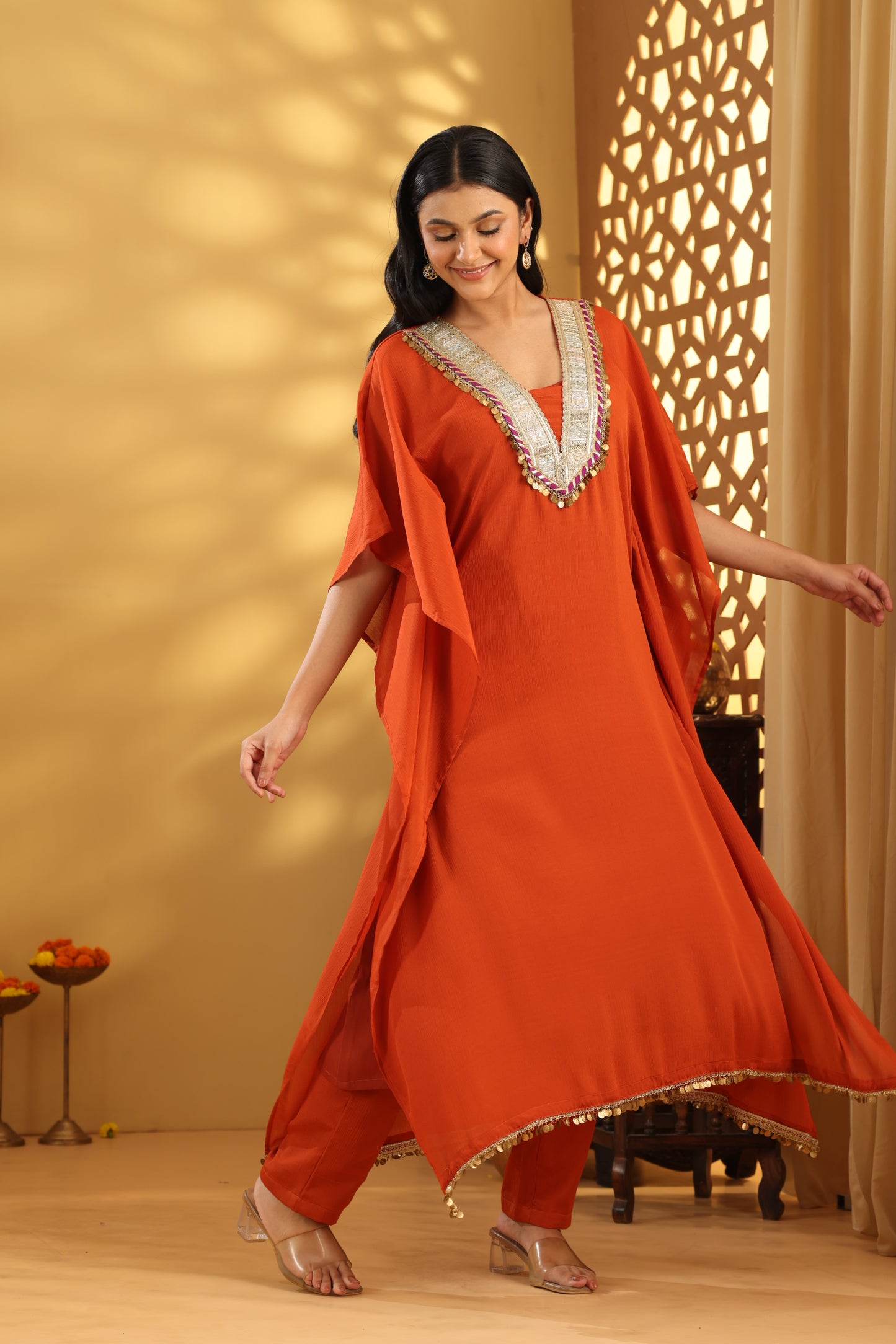 Jashn Kesari Rust V Neck Kaftan Set