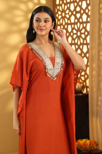 Jashn Kesari Rust V Neck Kaftan Set
