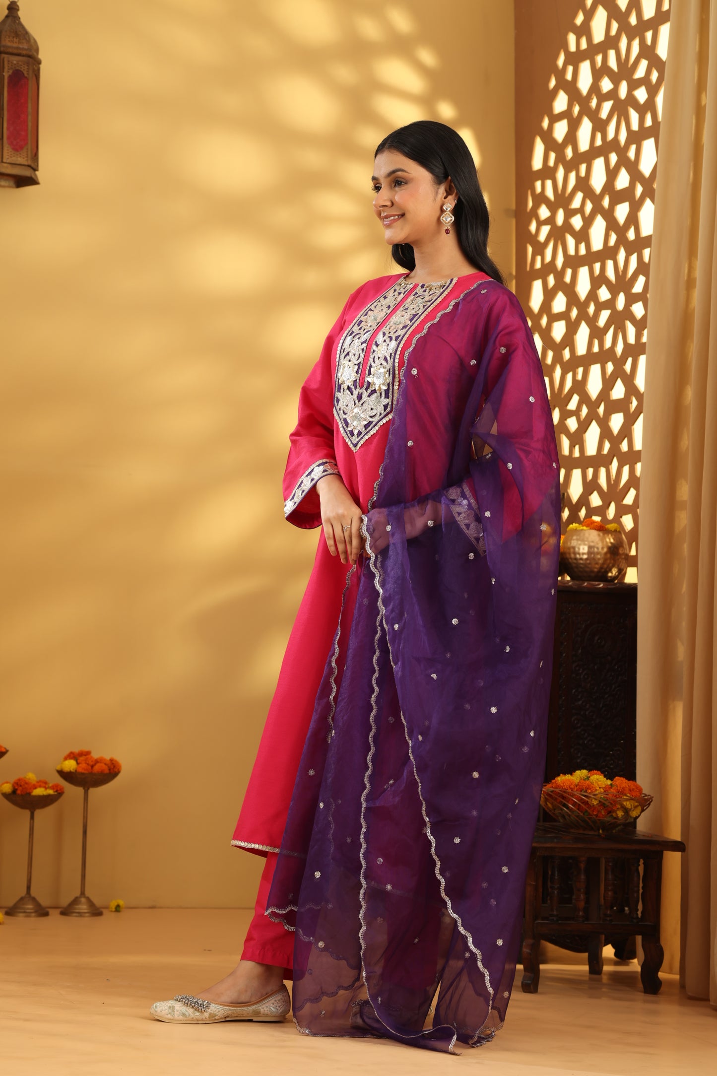 Jashn Magenta Pink Embroidered Suit Set