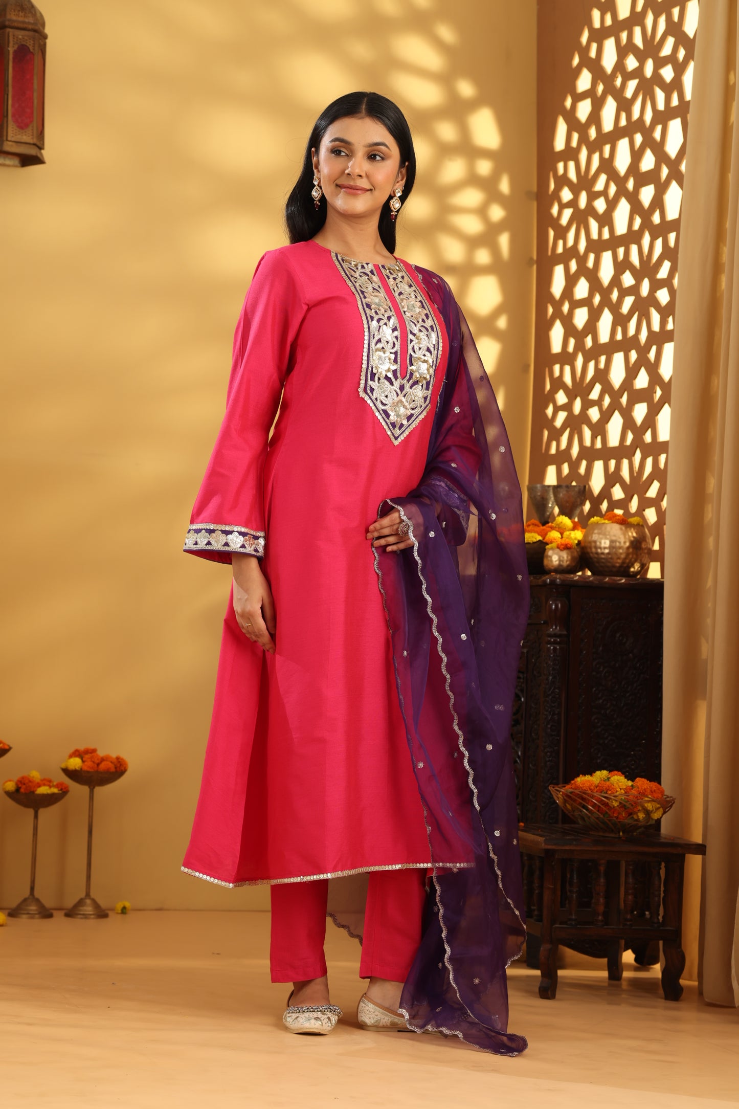 Jashn Magenta Pink Embroidered Suit Set