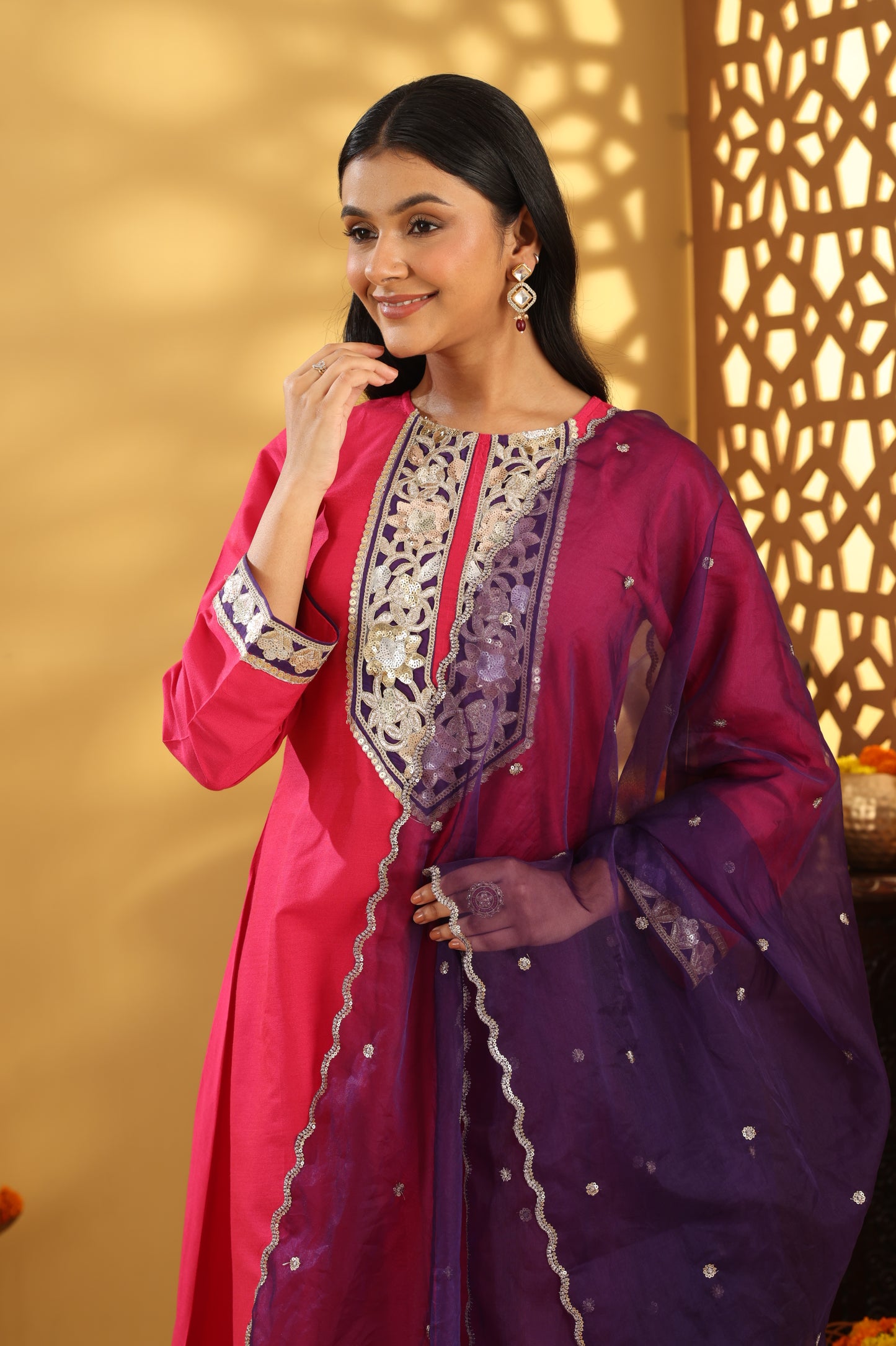 Jashn Magenta Pink Embroidered Suit Set