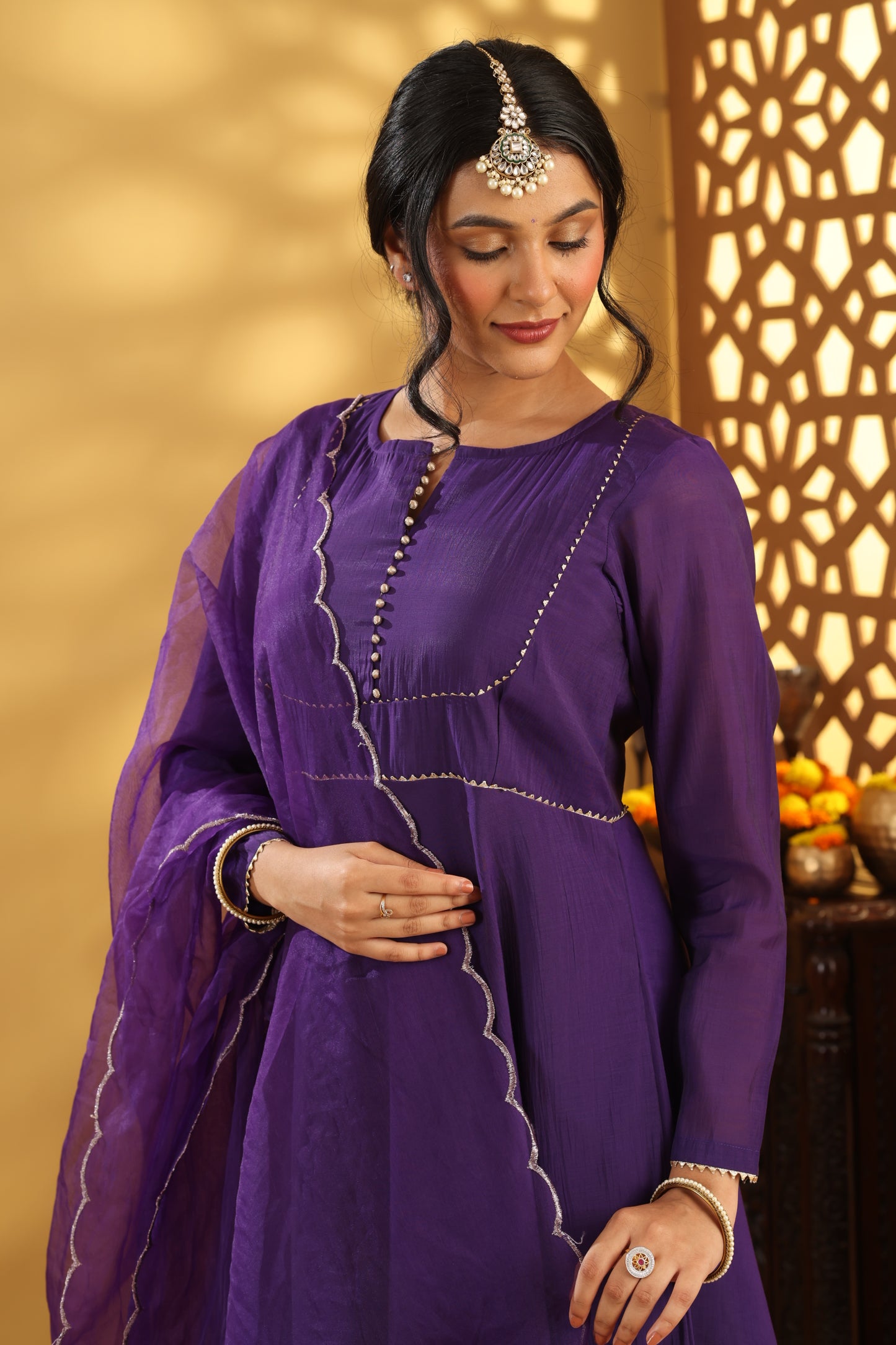 Jashn Purple Mul Chanderi Anarkali Set
