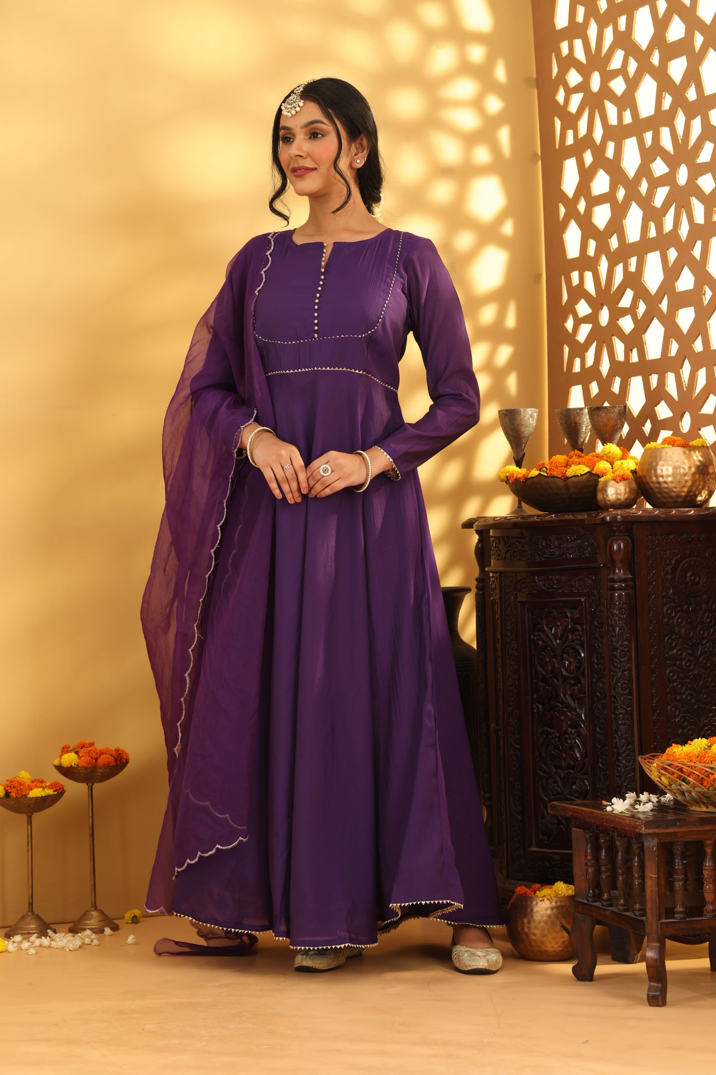 Jashn Purple Mul Chanderi Anarkali Set