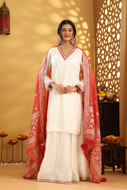 Jashn Ivory Mul chanderi Contrast suit Set