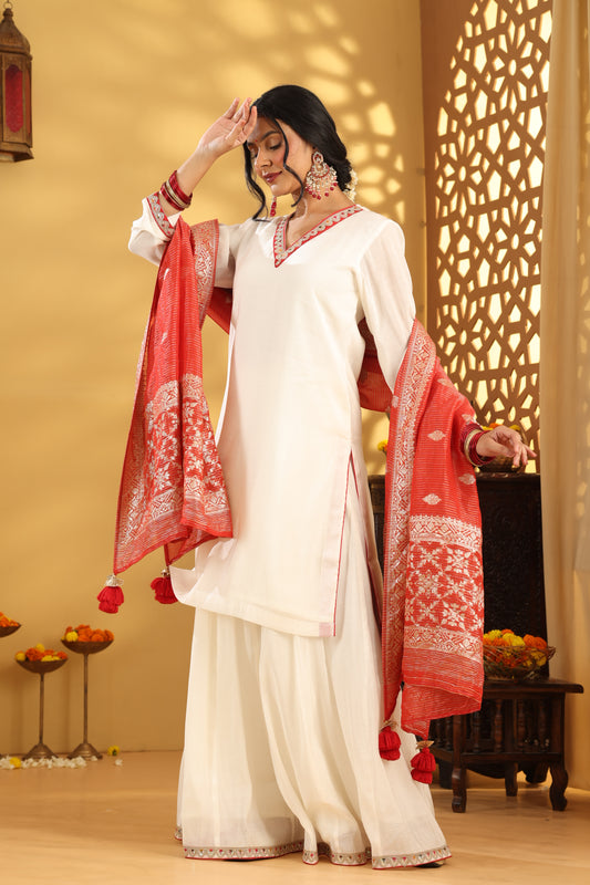 Jashn Ivory Mul chanderi Contrast suit Set