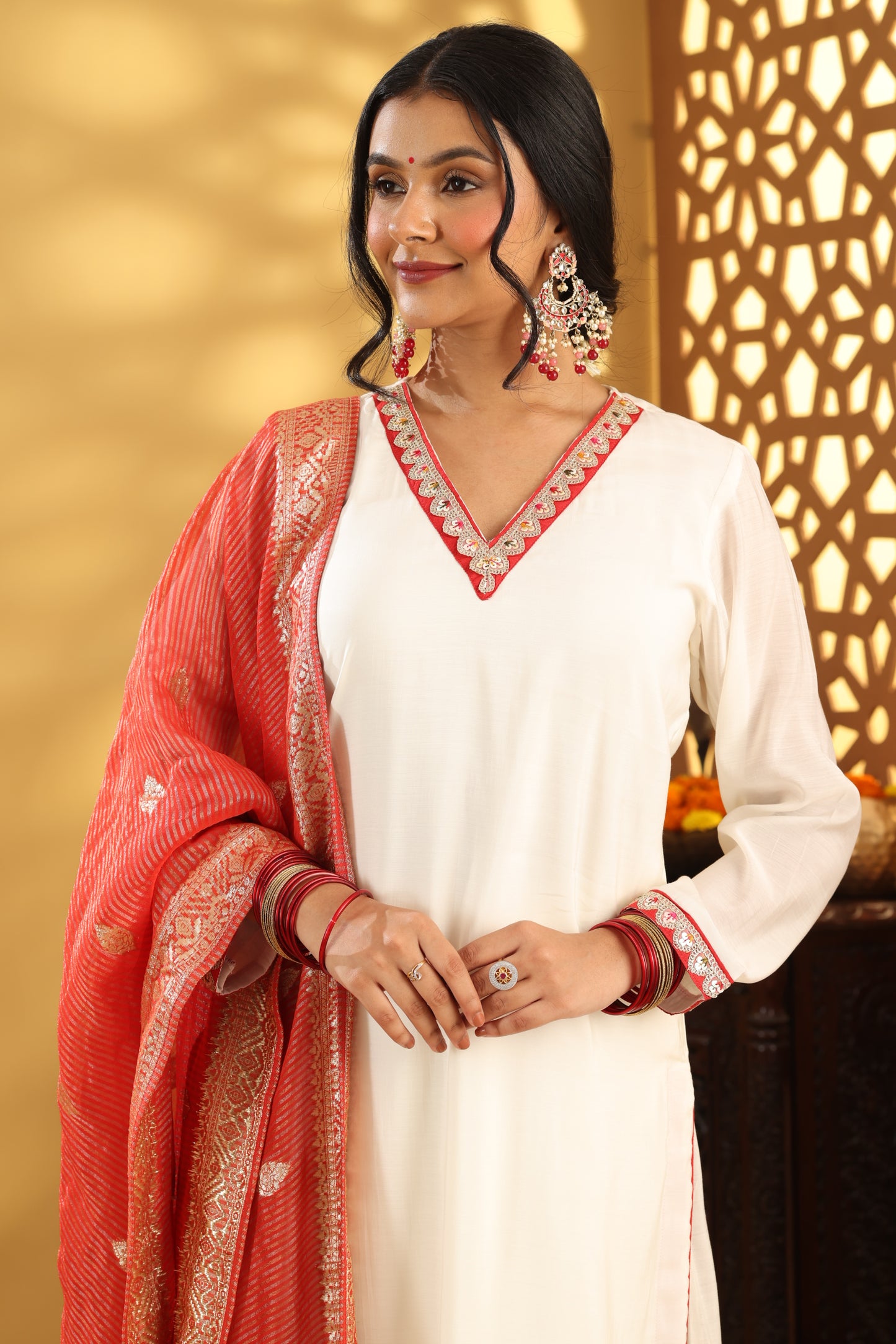 Jashn Ivory Mul chanderi Contrast suit Set