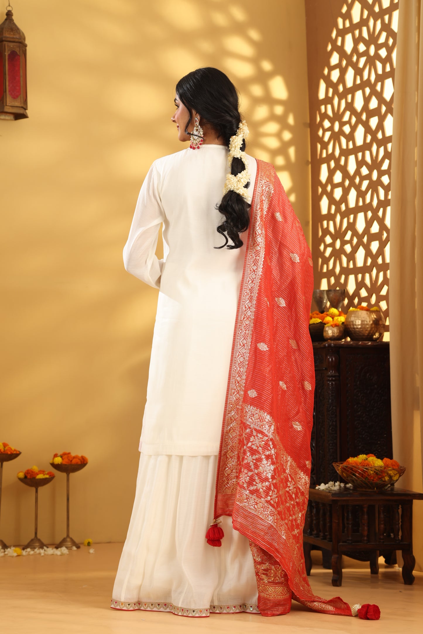 Jashn Ivory Mul chanderi Contrast suit Set
