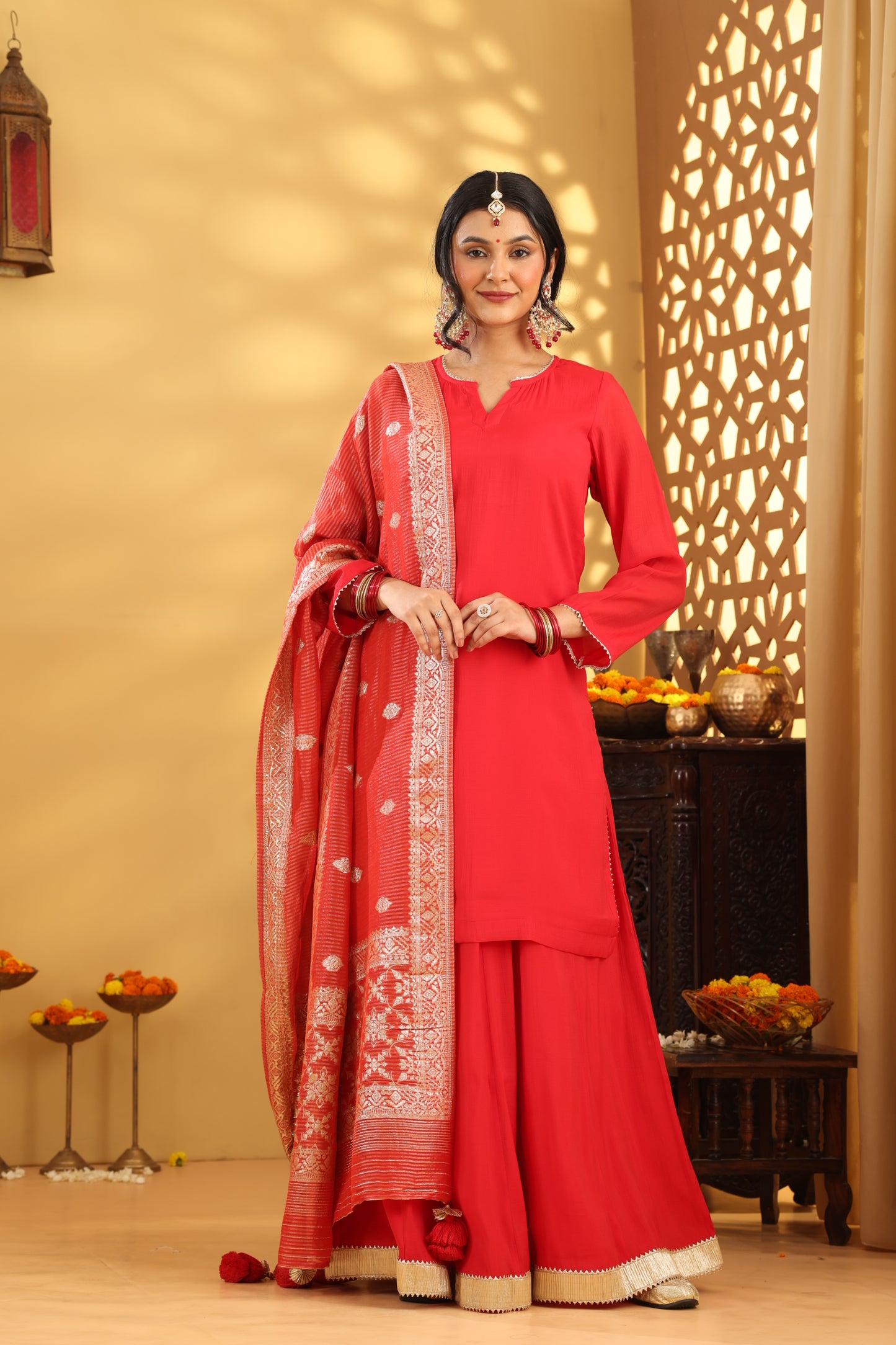 Jashn Caramine Red Mul Chanderi Skirt Set