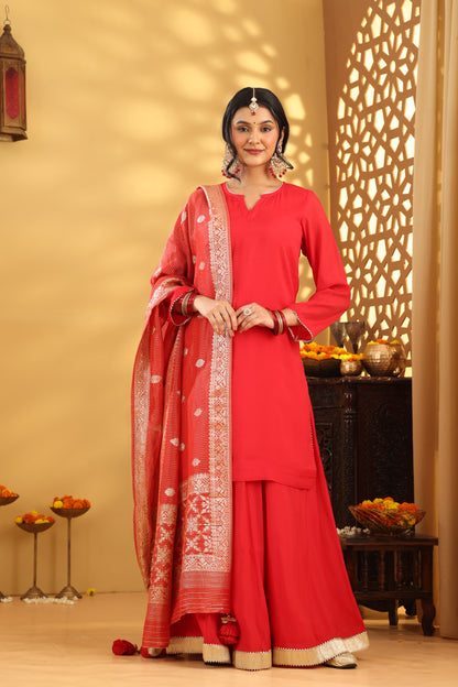 Jashn Caramine Red Mul Chanderi Skirt Set