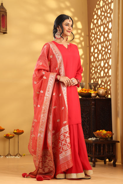 Jashn Caramine Red Mul Chanderi Skirt Set
