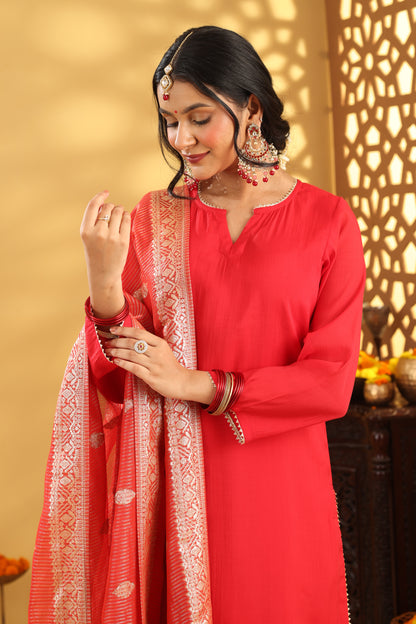 Jashn Caramine Red Mul Chanderi Skirt Set