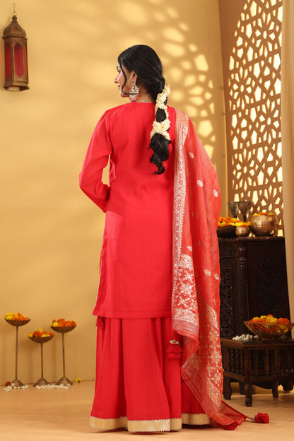 Jashn Caramine Red Mul Chanderi Skirt Set