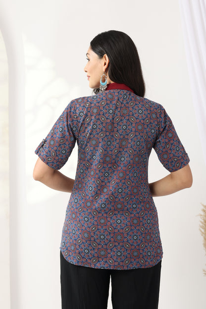 Heer Indigo Ajrakh Collared Tunic