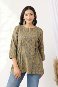 Heer Brown Ajrakh Tunic - Cambric Cotton Kurti with Tie-Up Waist (XS–6XL)