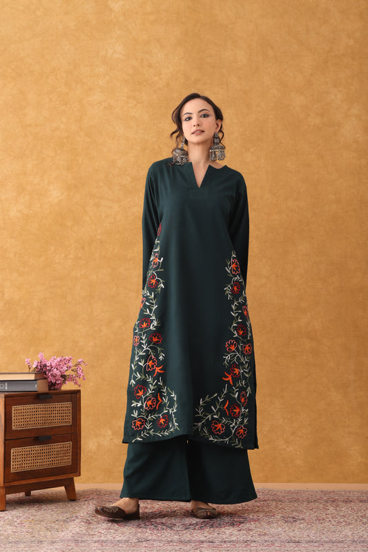 Noor Bottle Green Embroidered Hem Phiran Set