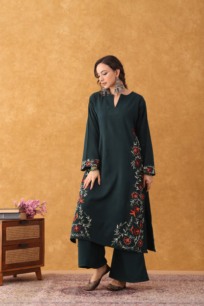 Noor Bottle Green Embroidered Hem Phiran Set