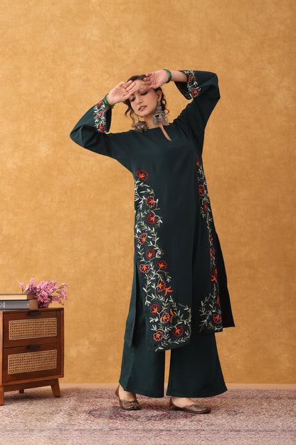 Noor Bottle Green Embroidered Hem Phiran Set