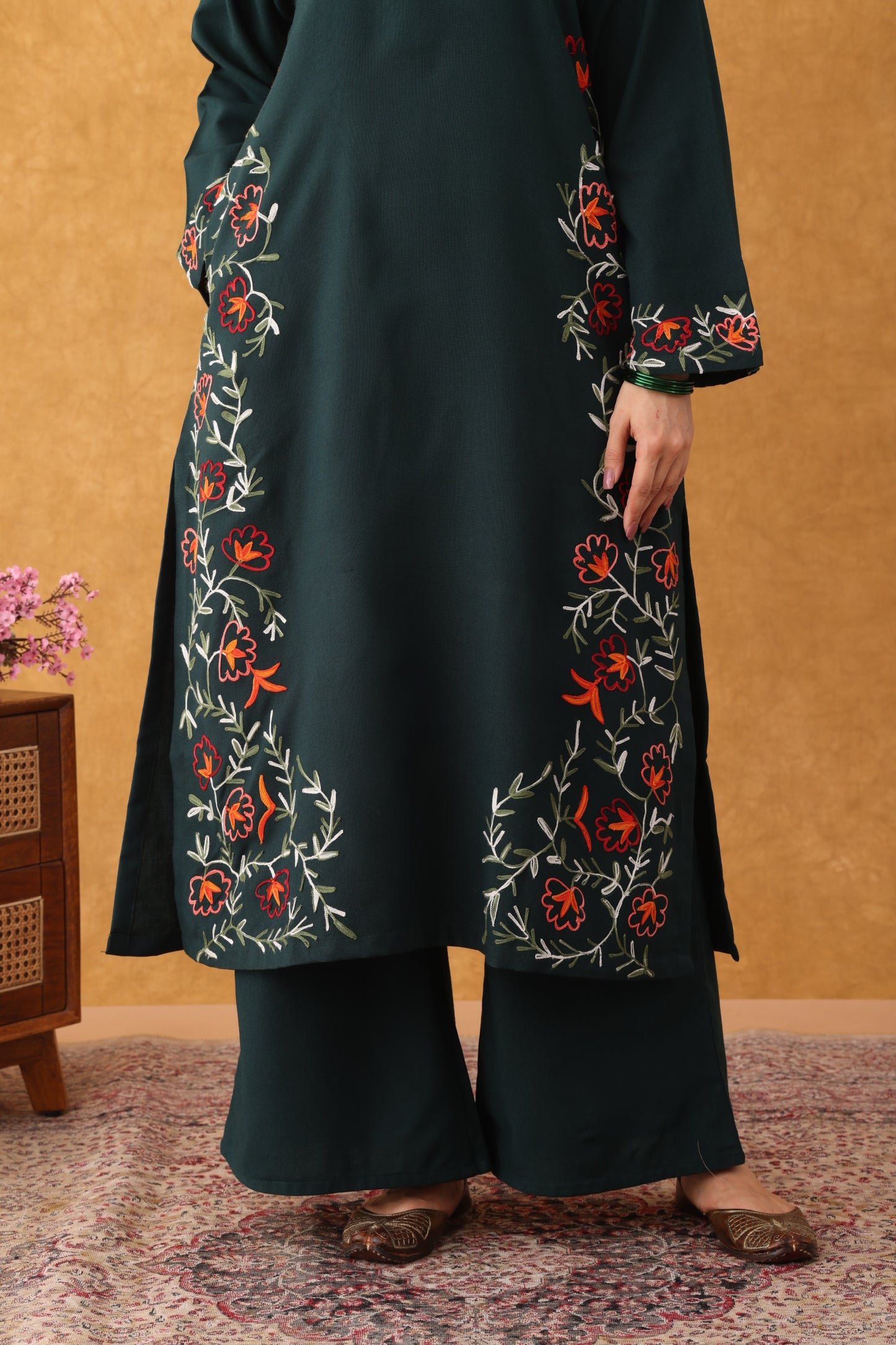 Noor Bottle Green Embroidered Hem Phiran Set