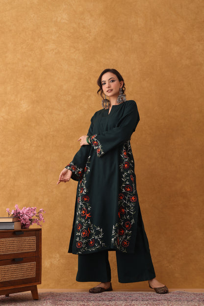 Noor Bottle Green Embroidered Hem Phiran Set