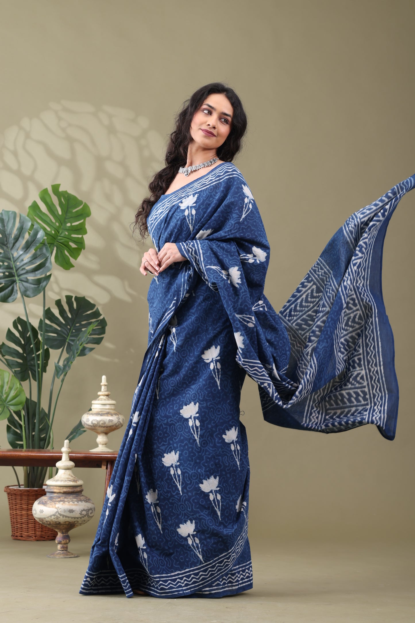 Navya Indigo Cream Cotton Saree.