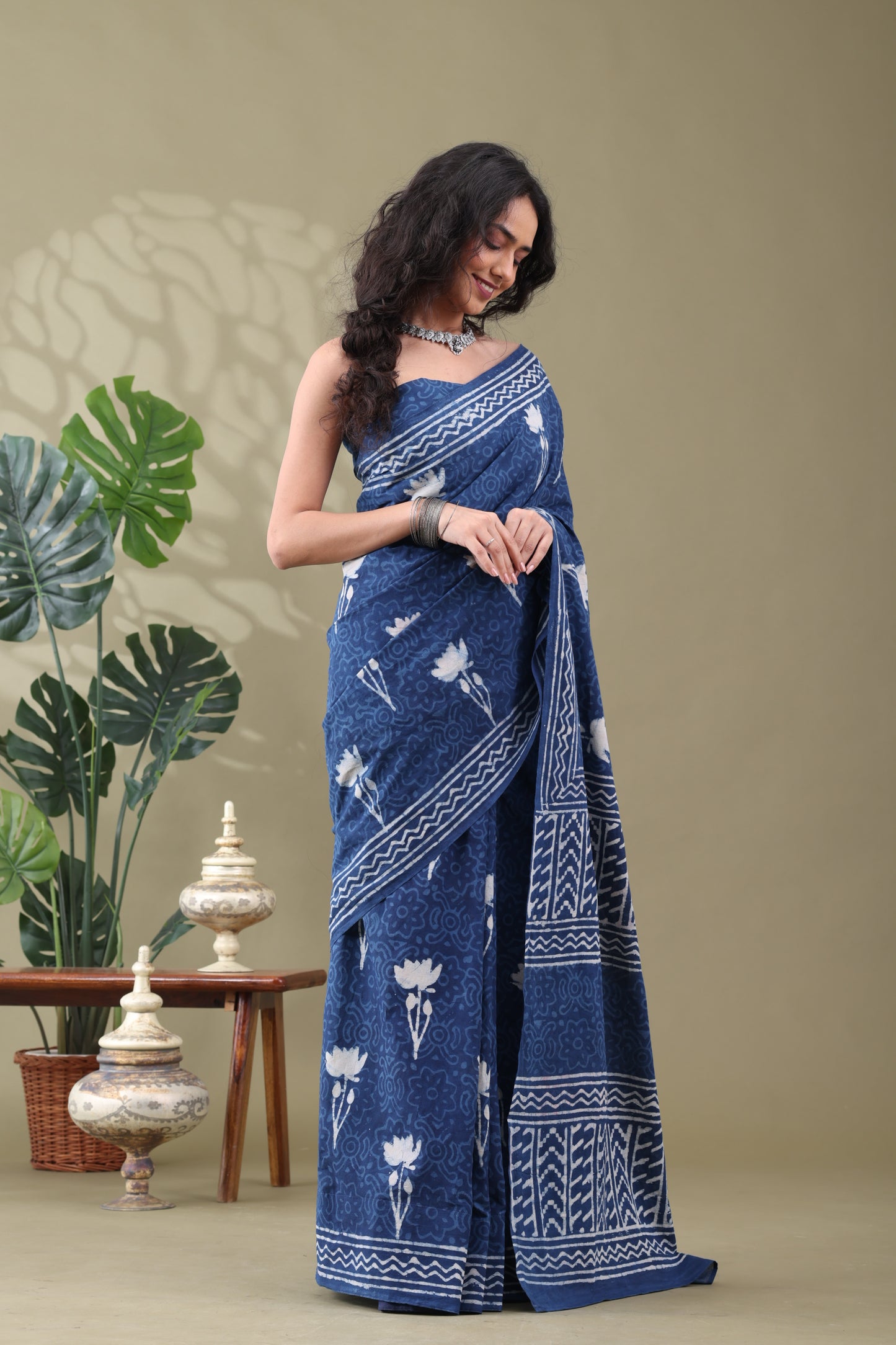 Navya Indigo Cream Cotton Saree.