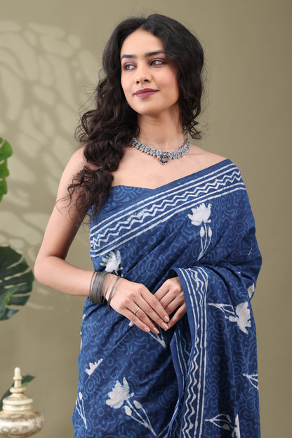Navya Indigo Cream Cotton Saree.