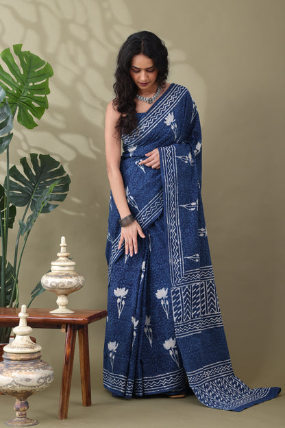 Navya Indigo Cream Cotton Saree.