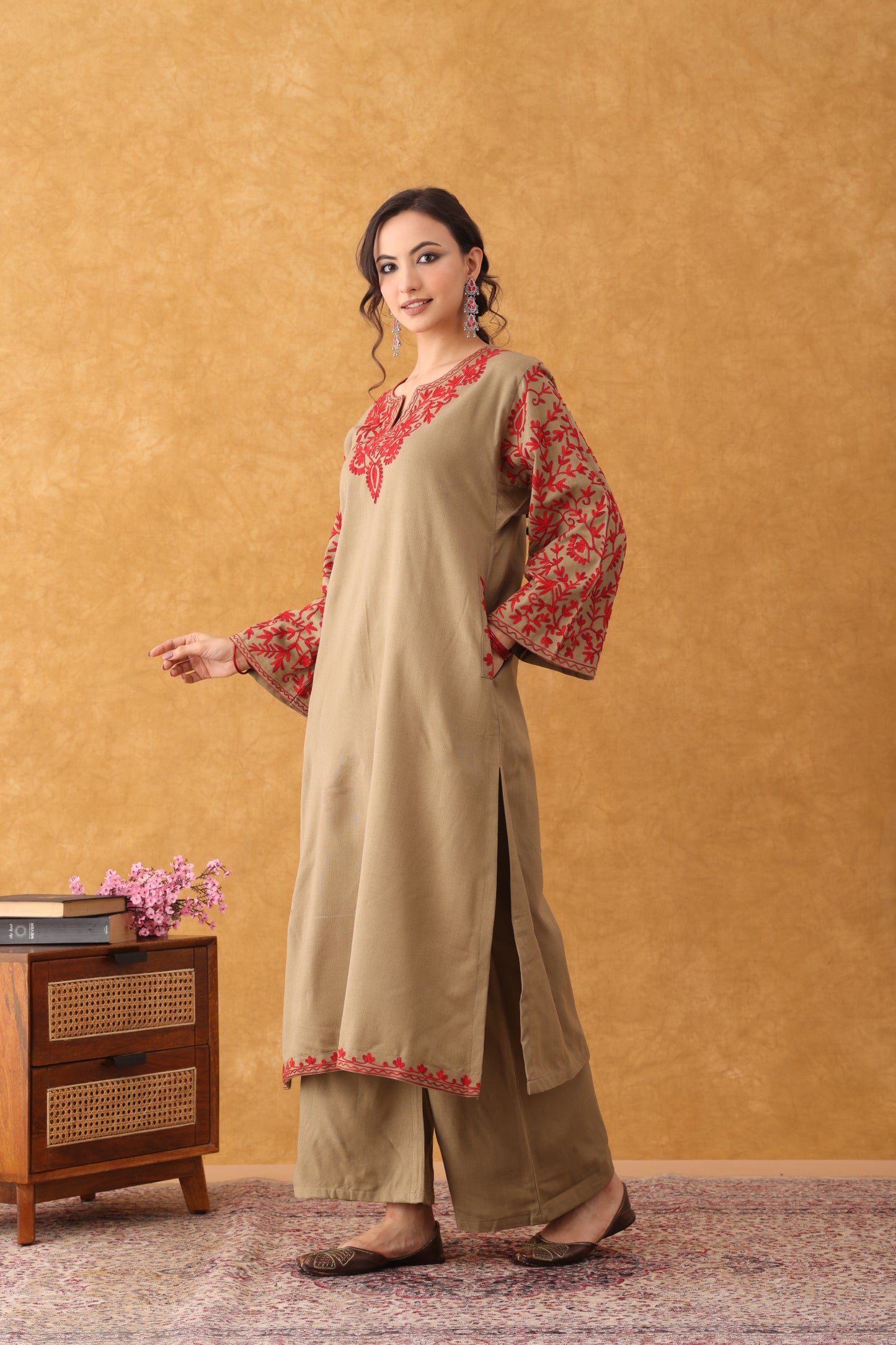 Noor Beige With Red Embroidered Phiran Set