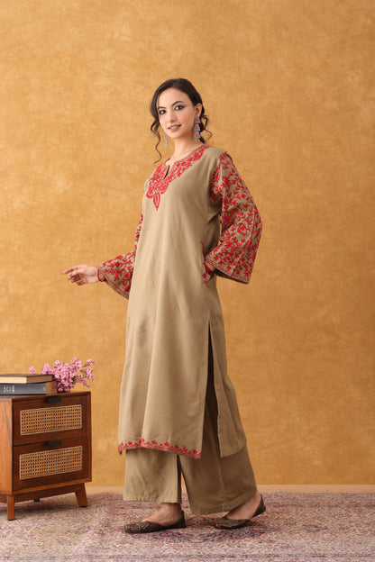 Noor Beige With Red Embroidered Phiran Set