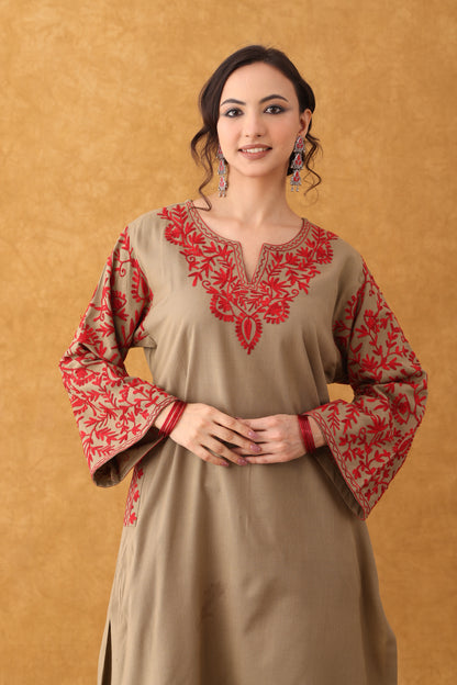 Noor Beige With Red Embroidered Phiran Set
