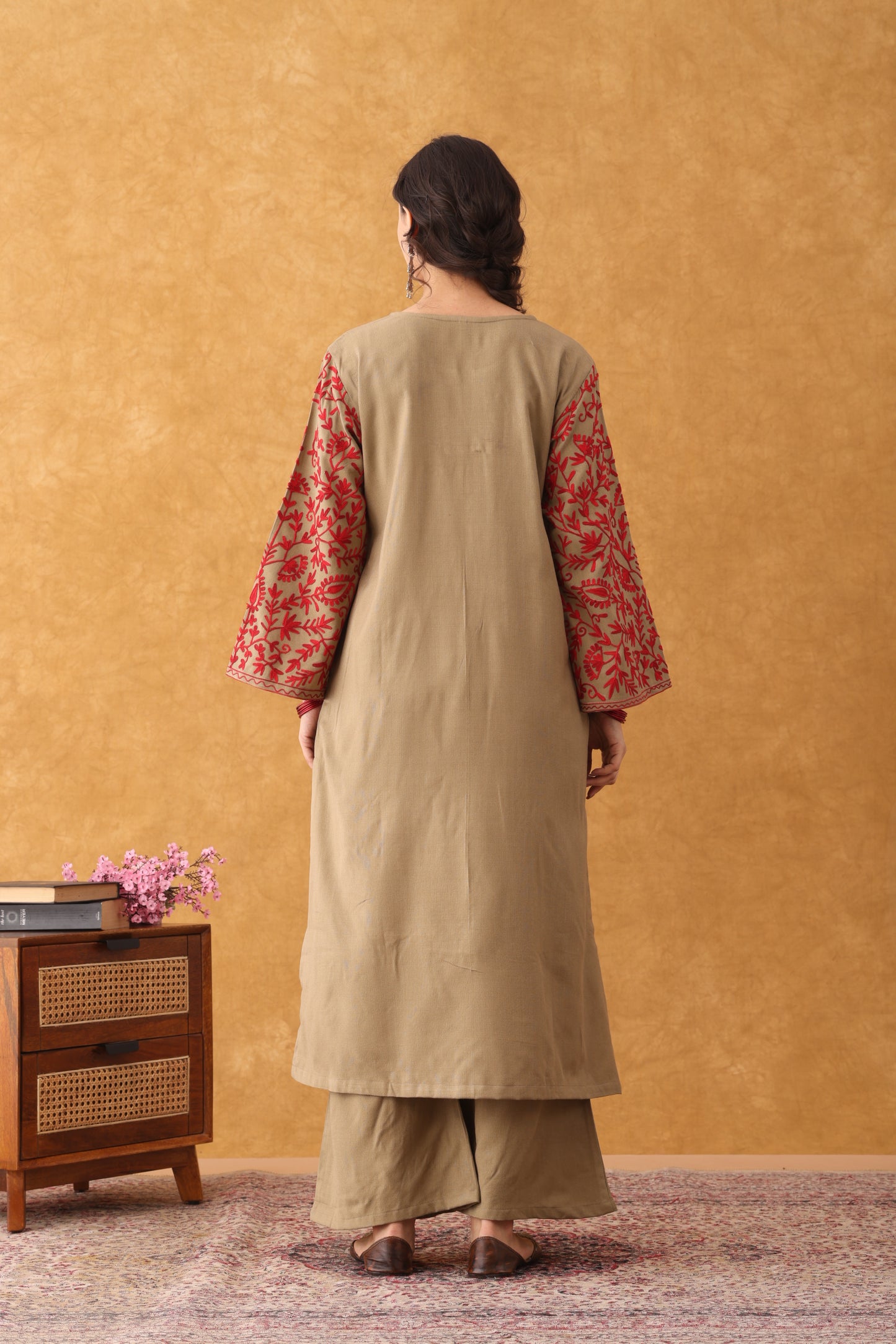 Noor Beige With Red Embroidered Phiran Set