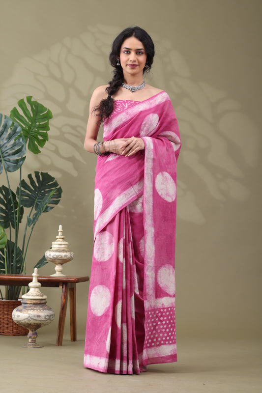 Navya Pink Cream Batik Motif Cotton Saree.
