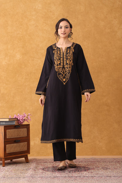 Noor Black Mustard Embroidered Phiran set