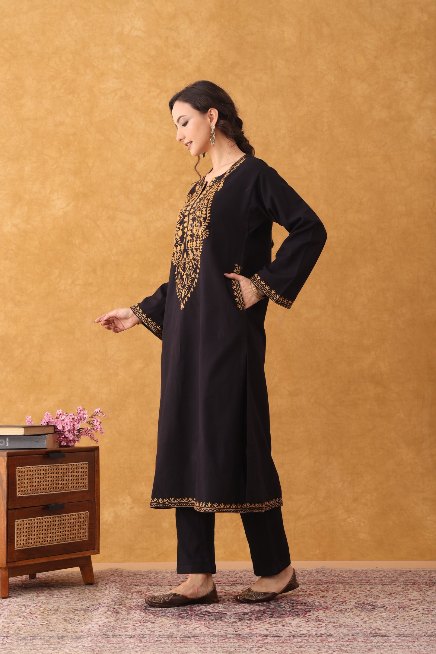 Noor Black Mustard Embroidered Phiran set