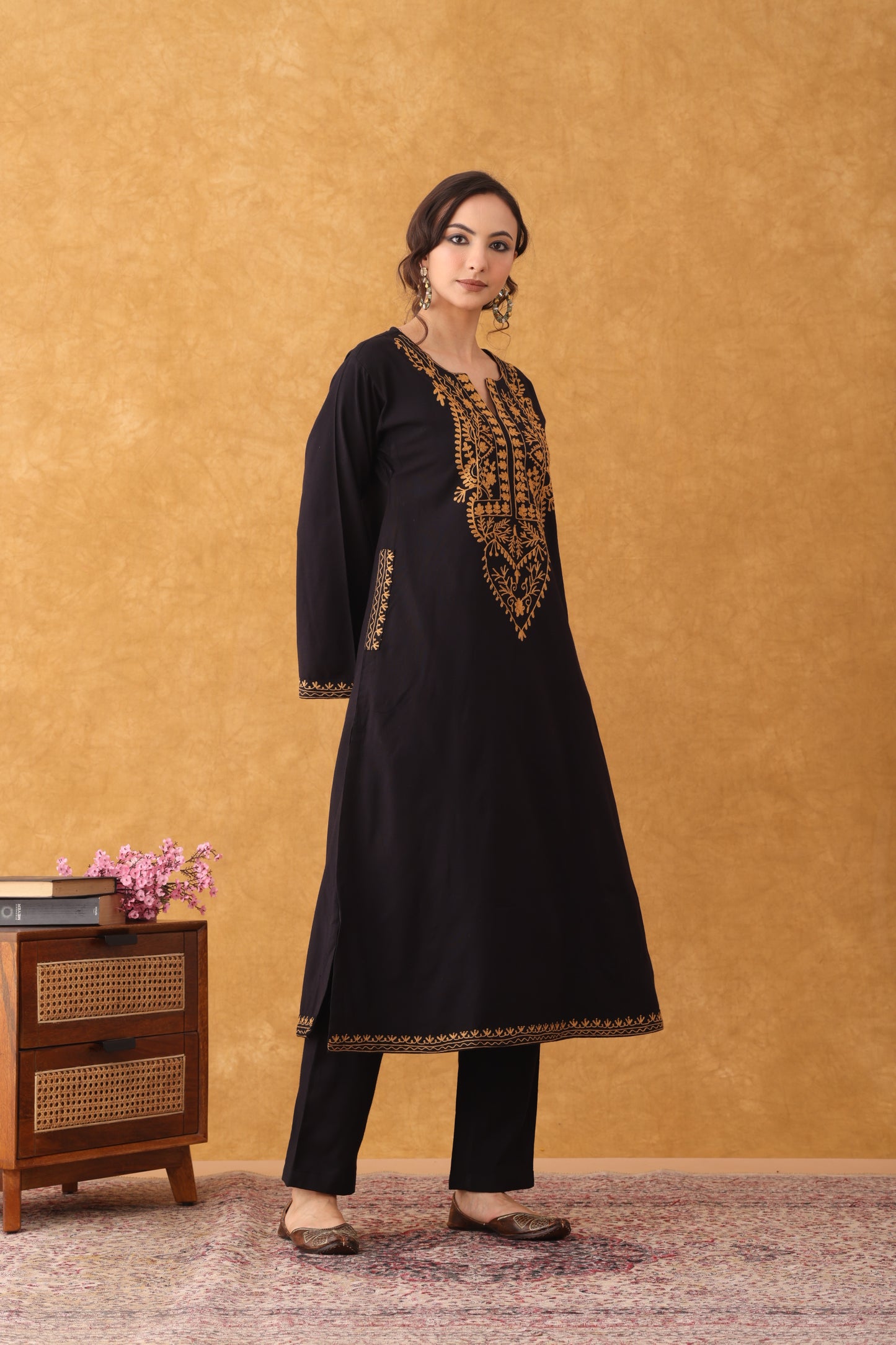 Noor Black Mustard Embroidered Phiran set