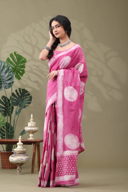 Navya Pink Cream Batik Motif Cotton Saree.