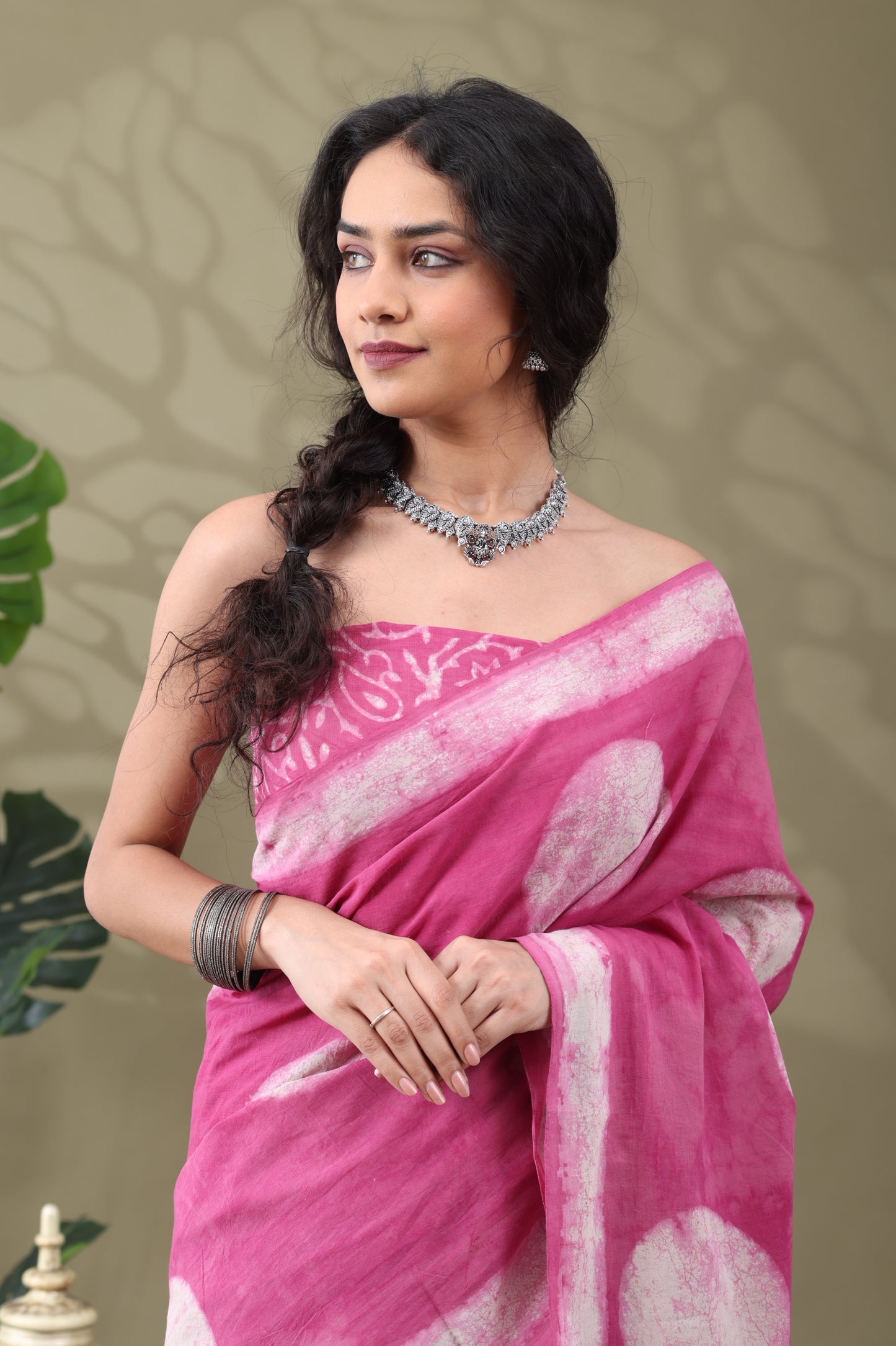 Navya Pink Cream Batik Motif Cotton Saree.