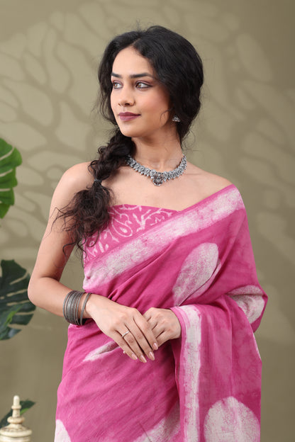 Navya Pink Cream Batik Motif Cotton Saree.
