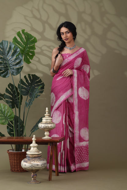Navya Pink Cream Batik Motif Cotton Saree.