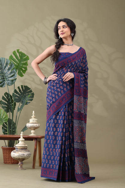 Navya Indigo Red Paisley Cotton Saree.