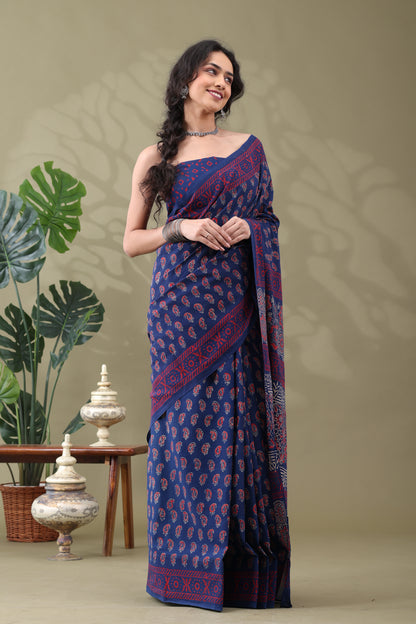 Navya Indigo Red Paisley Cotton Saree.