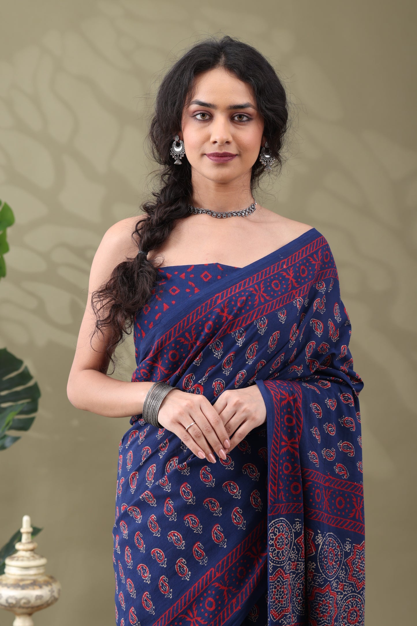 Navya Indigo Red Paisley Cotton Saree.