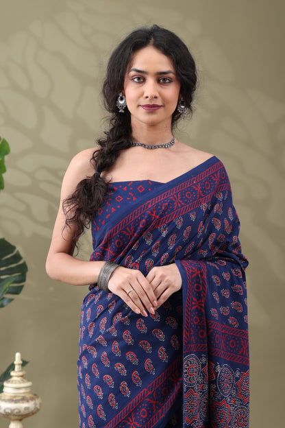 Navya Indigo Red Paisley Cotton Saree.