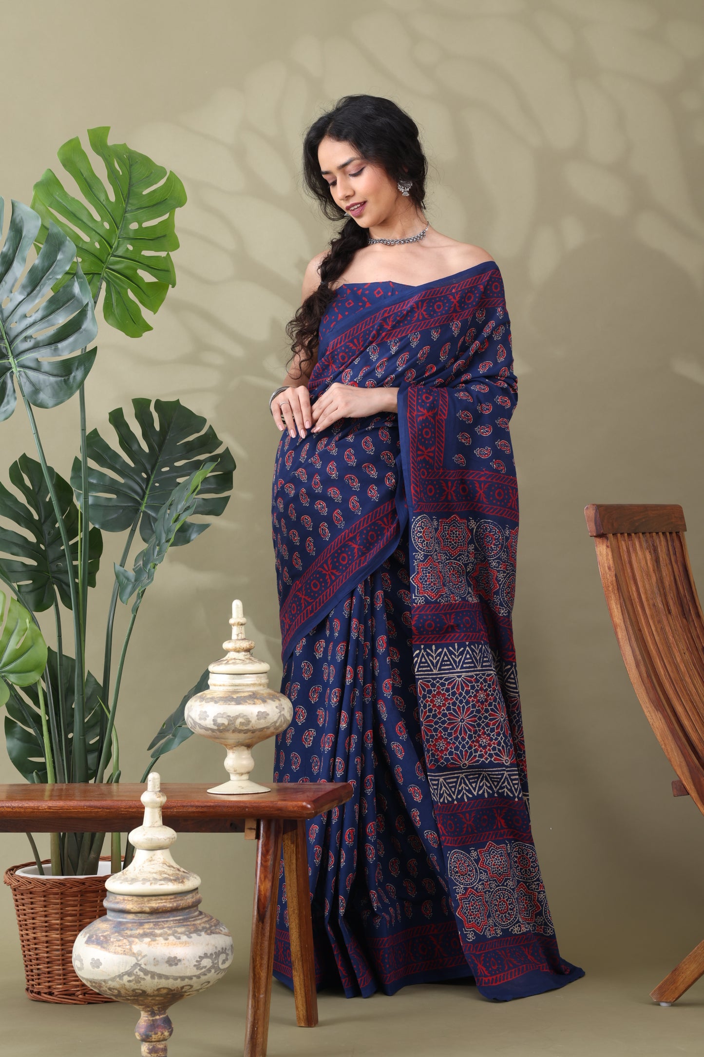 Navya Indigo Red Paisley Cotton Saree.