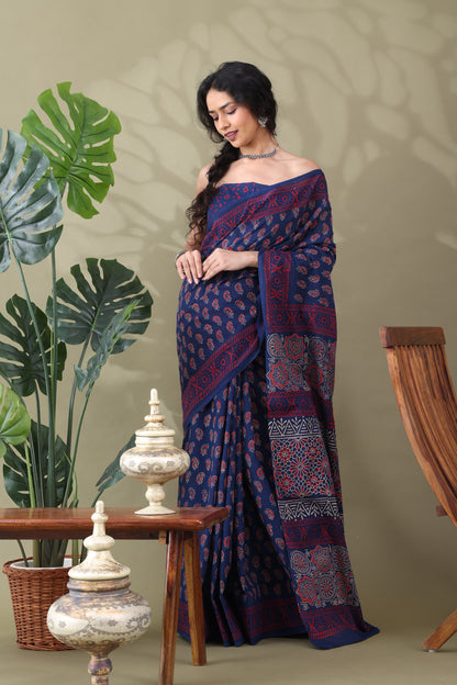 Navya Indigo Red Paisley Cotton Saree.