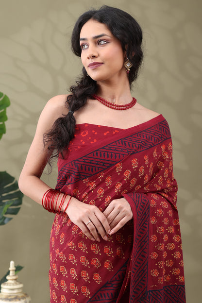 Navya Wine Red Floral Motif Cotton Saree.