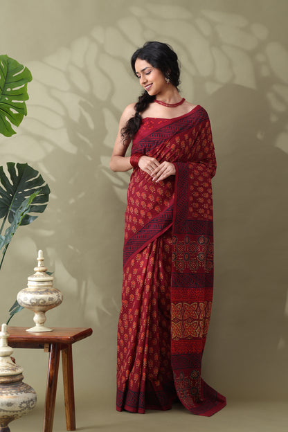 Navya Wine Red Floral Motif Cotton Saree.