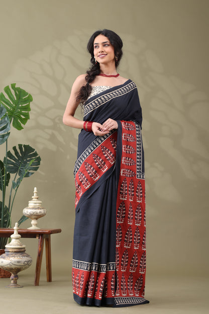 Navya Black Rust Border Cotton Saree.